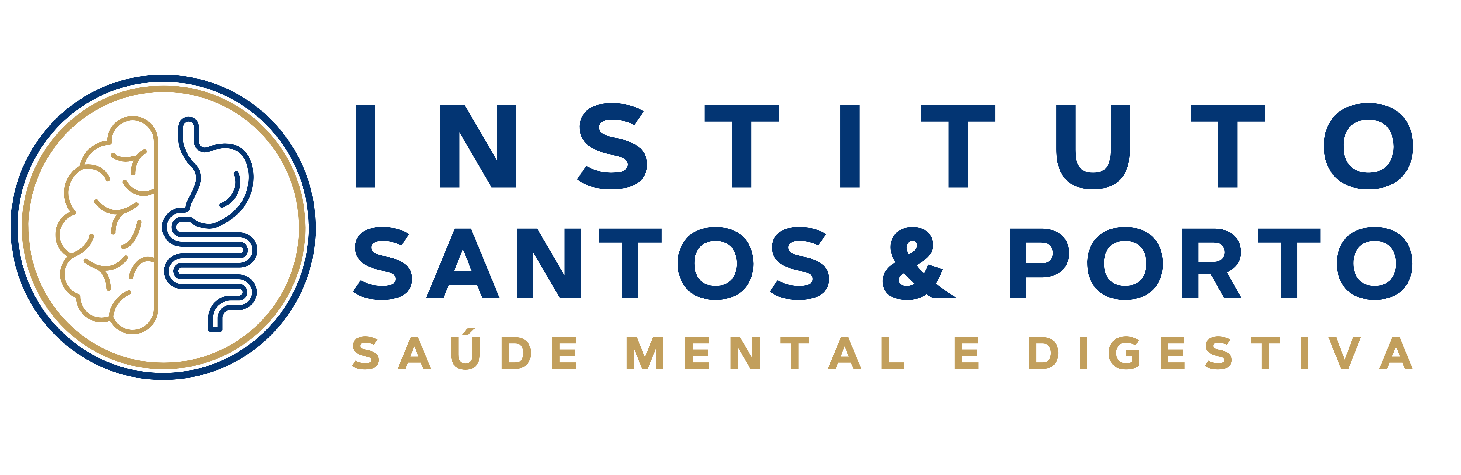Logotipo Instituto Santos & Porto: ícone de cérebro e sistema digestivo ao lado do nome e do slogan "Saúde Mental e Digestiva".