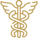 Ícone dourado do Caduceu de Hermes, com duas serpentes entrelaçadas em um bastão alado, símbolo tradicional da medicina e saúde.