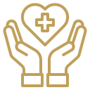 Duas mãos abertas sustentando um coração com uma cruz no centro, simbolizando cuidado, acolhimento e suporte médico humanizado.